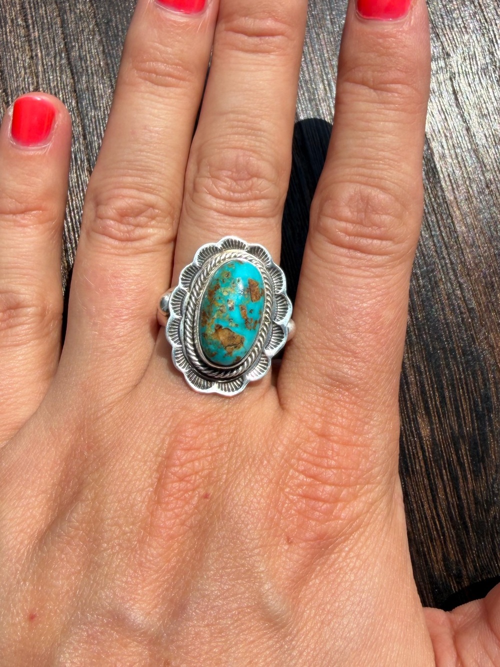 Royston Turquoise Oval Sterling Silver Statement Ring - Signed TM - Size 9